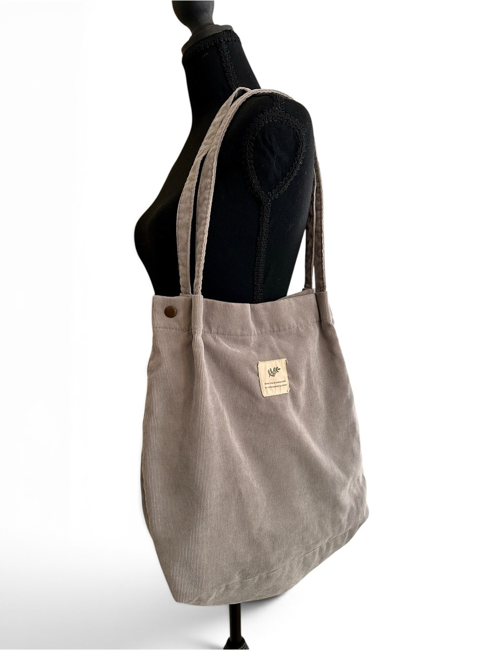 Slouchy Taupe Corduroy Tote Bag with Long Straps